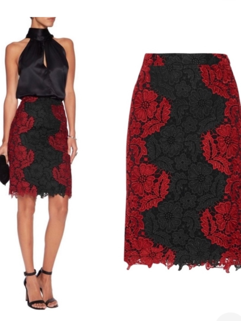 Alice + Olivia Black Pencil Skirt with Red Floral Lace Overlay